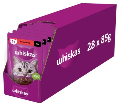 Zdjęcie produktu dla Whiskas Adult 28x85g Mokra Karma Pełnoporcjowa Dla Dorosłych Kotów Kawałki Z Wołowiną W Sosie
