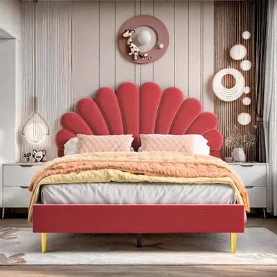 Produktbild von Fortuna Lai Polsterbett 140x200cm mit Blumenform-Kopfteil und Lattenrost Doppelbett Kinderbett Samt