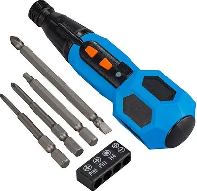 A cordless electric screwdriver with multiple bits and a bit holder, displayed on a white background.
