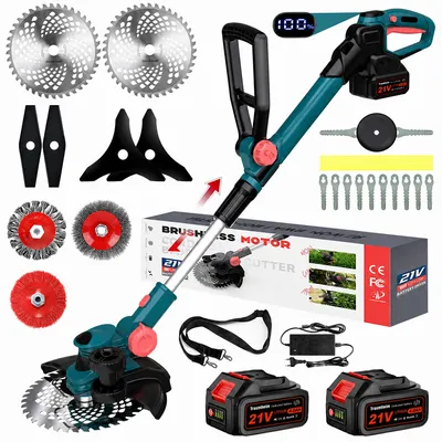 Produktbild von Akku-Rasentrimmer 21V mit 2×4,0Ah Akkus, bürstenloser Freischneider, 5 Klingentypen, Teleskopstiel, Unkraut- und Drahtbürste, Schneidkopf 90°