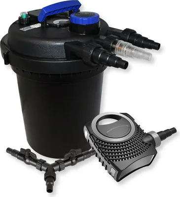 Immagine prodotto di Set completo SunSun: filtro a pressione per laghetti CPF-250 fino a 10000 L con chiarificatore per laghetti da 11W, pompa per laghetti NEO10000 SuperECO 10000l/h 80W, distributore a Y