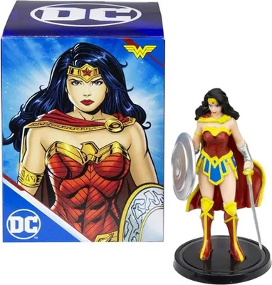 A Wonder Woman action figure and its packaging are displayed against a white background.