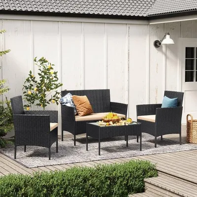Produktbild von SONGMICS (4-tlg) Gartenlounge-Set, Balkonmöbel, aus PE-Polyrattan, schwarz-taupe