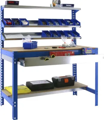 Produktbild von PROREGAL Werkbank BUFFALO mit Frontablage und Schubfach | HxBxT 84x120x61cm | Traglast 600kg | Blau