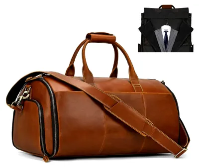 Produktbild von Anzugsack, Reisetasche Herren Echt Leder, Weekender Kleidersack 2 in 1 Garment Bag Mit Schuhfach, Sporttasche für Herren, Hellbraun