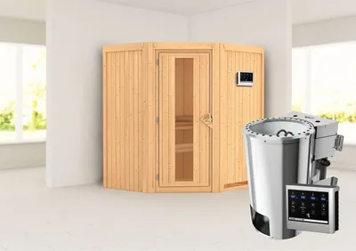 Produktbild von Karibu Sauna Innensauna Tonja Eckeinstieg Ofen 3,6 kW -Ofen externe Strg. easy 170x151x198 cm ohne Dachkranz mit Energiespartür