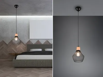A split image showing a bedroom scene with a pendant lamp and a close-up of the pendant lamp against a dark background.
