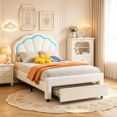 Obrázok produktu pre Detská postel INONEFT, 90 x 200 cm, čalúnená posteľ s LED osvetlením, nastaviteľná opierka hlavy v tvare kvetu, jednolôžková posteľ, posteľ pre tínedžerov, zamat, biela
