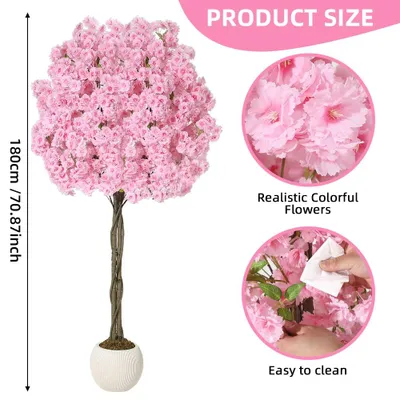 Image de Arbre de cerisier en fleurs artificiel - 180 cm, plante en pot - Fleurs roses en soie réalistes - Tige naturelle - Idéal pour la décoration intérieure, salon ou bureau