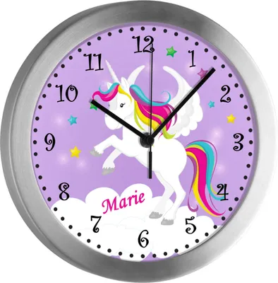 A close-up of a children's wall clock with a unicorn design.