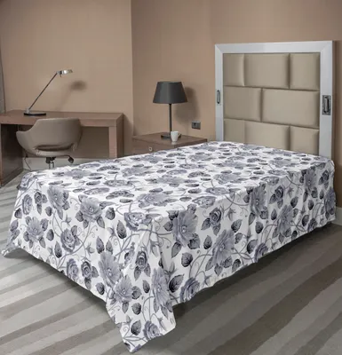 Produktbild von ABAKUHAUS Grau Bettlaken, Blumenmuster Victorian Inspirierte Rosen Mit Dunklen Blumen In Monochrom Grafik Druck, weiches bequemes oberes Bettlaken für ein Nachbildungatives Bett 1 Stück 260 cm x 168 cm, Grau weiß