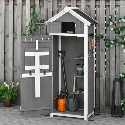 Produktbild von Gartenschrank Tannenholz mit Klapptisch, Geräteschuppen wetterfest, Gerätehaus abschließbar, Dunkelgrau | 78 x 52,5 x 182 cm | 29 kg | Satteldach