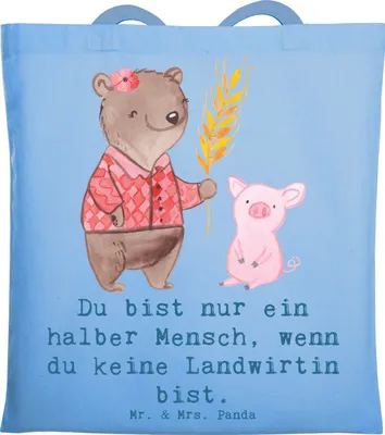 Produktbild von Mr. & Mrs. Panda Tote Bag Landwirtin Herz - Sky Blue - Geschenk, Beutel, Spruch, Schultasche, Tasche, Lustig, Witzig, Bauernhof, Stoffbeutel, Einkaufstasche, Bäuerin