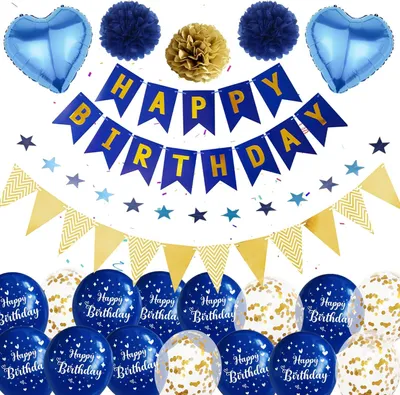 Produktbild von Set mit blauen und goldenen Geburtstagsballons, Girlanden und Konfetti