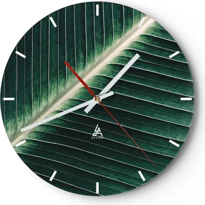 Produktbild von Wanduhr - Rund - Glasuhr - Grün Blatt Tropisch - 30x30cm - Schleichendes Uhrwerk - Lautlos - zum Aufhängen bereit - Dekoration Modern - Wanddekoration aus Glas - C3AR30x30-4126