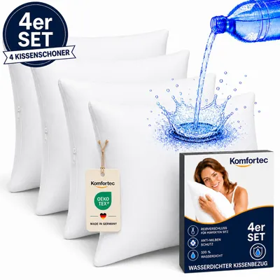 Produktbild von Komfortec Wasserdichter Kissenbezug 4er Set 50x50 cm mit Reißverschluss, Atmungsaktiv, Hypoallergen Kopfkissenbezüge, Anti-Milben, 4 Stück Kissenschoner, Weiß, KI-generiertes Bild