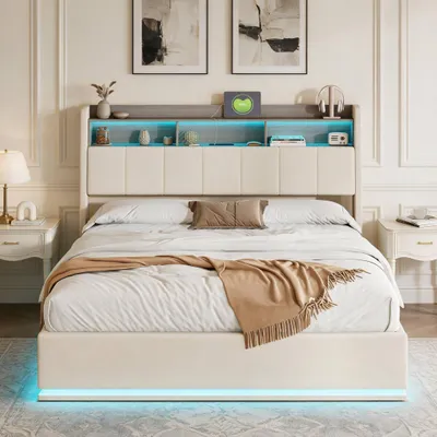 Produktbild von INONEFT Polsterbett 160x200 cm, Boxspringbett mit Hydraulisch Stauraum, Jugendbett mit LED Beleuchtung und USB Anschlüsse,  Samtstoff, Beige