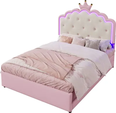 Produktbild von Merax Polsterbett 140x200 cm, Prinzessinnenbett Kinderbett mit 2 Schubladen, LED, Lattenrost, Kronenform, Flachbett, Jugendbett, PU, Rosa