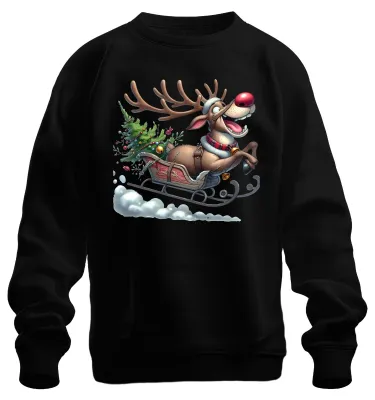 Obrázok produktu pre Rudolph Reindeer Sleigh Christmas Tree Bells Cartoon Funny Uni mikina, čierna, XL