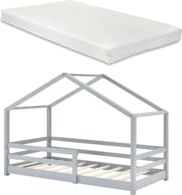 Immagine prodotto di Letto per bambini con materasso e protezione anticaduta 90x200cm Casa letto con materasso in schiuma fredda Casa letto con rete a doghe Legno di pino Letto singolo Grigio chiaro [it.casa]