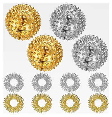 Produktbild von 4 Igelbälle und 8 Akupressurringe, Magnetische Igelbälle und Akupressur Ringe Set, Finger Massageringe, Magnetische Igelbälle für Stressabbau (Gold, Silber)