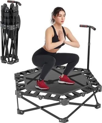 Produktbild von Fitness Trampolin Klappbar, Mini Trampolin Indoor 106cm mit 3-Fach Höhenverstellbarem Griff, Extra Stabiler X-Rahmen 275kg Tragkraft Minitrampolin für Erwachsene