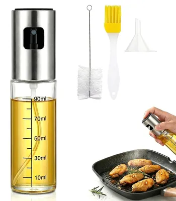 Productafbeelding van Olievernevelaar set - 100 ml glazen spuitfles met trechter, reinigingsborstel en siliconenkwast - Geschikt voor airfryers, barbecues, bakken en salades