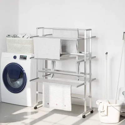 Produktbild von Wäscheständer mit Rollen 89x64x129 cm aus Aluminium, klappbar und wetterfest, ideal für Balkon, Bad und Garten