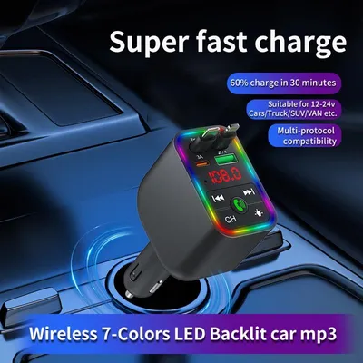 Produktbild von Bluetooth-MP3-Transmitter für das Auto – 4-in-1-Schnellladegerät mit einziehbarem Kabel, tragbarer Multimedia-Player