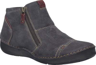 A single gray ankle boot with a zipper closure is shown against a white background.