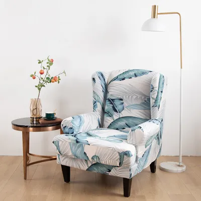 Obrázek produktu pro Vysoký stretch Wing Chair Cover 2 Piece, tištěné křídlo židle Slipcovers Non Slip Machine Washable Stylový Elastan Jacquard Fabric Furniture Protector s elastickým dnem （Blue）