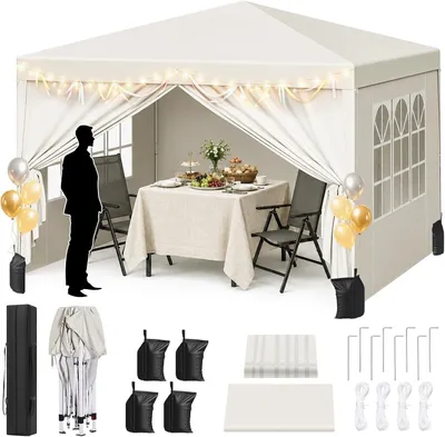 Produktbild von WOLTU Pavillon mit 4 Seitenteilen und 4 Sandsäcke, Faltpavillon 3x3m, höhenverstellbar, Beige