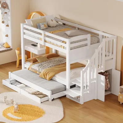 Obrázek produktu pro Dětská palanda okwish, rozměry 90x200 cm, se 2 zásuvkami, šatní skříň, postel pro mládež s úložným prostorem a schodištěm, dřevěná postel v bílé barvě, bez matrace