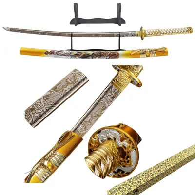 Produktbild von Japanisches Sammlerstück Goldener Drache aus 1095 Stahl mit Saya, Präsentationsständer und Geschenkbox | Asiatische Dekoration & Display GXSW-01