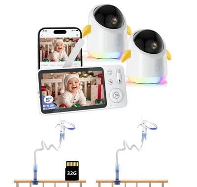 Obrázek produktu pro Dětská chůvička se 2 kamerami a APP 2K 360° 5" WLAN video chůvička RGB noční vidění detekce pláče/pohybu/zvuku 4x zoom s 2*mount & 32G