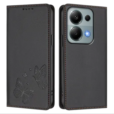 Produktbild von Lederhülle für Xiaomi Poco M6 Pro 4G/Redmi Note 13 Pro 4G, Schmetterling Prägung Leder Brieftasche Schutzhülle mit Ständer Schwarz