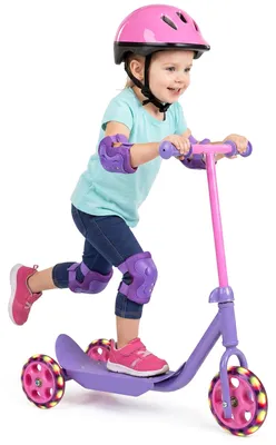 Produktbild von COSTWAY Roller Kinder, Dreirad Kinderroller mit leuchtenden LED-Rädern, Tretroller aus Metall mit Plattform & Lenker, Jungen & Mädchen ab 2+, Lila