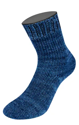 A single blue sock is displayed on a white background.