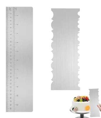 Produktbild von Edelstahl-Kuchenspatel mit Skala, 30 cm, 2-in-1: zum Glätten von Kuchenrändern, Kuchenschneider für Mousse, Buttercreme und Kuchendekoration.