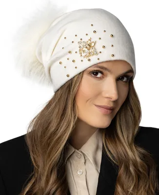 Immagine prodotto di Berretto invernale in lana da donna Vivisence Realizzato a mano in lana vergine con pompon staccabile Berretto da donna autunnale ideale per le fredde giornate invernali Modello 7079, ecrù, taglia unica