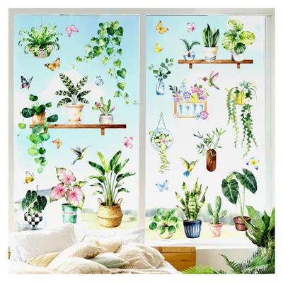Produktbild von Fensterbilder Sommer Grüne Topfpflanze Fensteraufkleber Selbstklebend Blätter Grüne Pflanzen Vögel Fenstersticker Anti-Kollision Fensterfolie Glastüren Fensterdeko