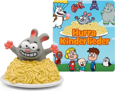 A toy figurine of a mouse emerging from spaghetti, next to a colorful illustration featuring various cartoon characters and the text "Hurra Kinderlieder".