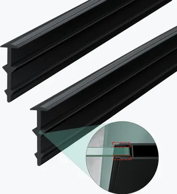 Two black H-shaped profiles are shown, with a magnified inset showing how they fit onto glass.