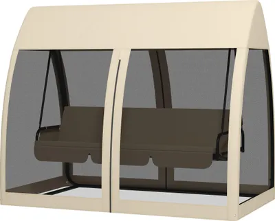 Produktbild von 3-Sitzer-Terrassen-Schaukel, Veranda-Schaukel mit Bettfunktion, Hollywoodschaukel mit Mückennetz und Stahlrahmen, Kaffee