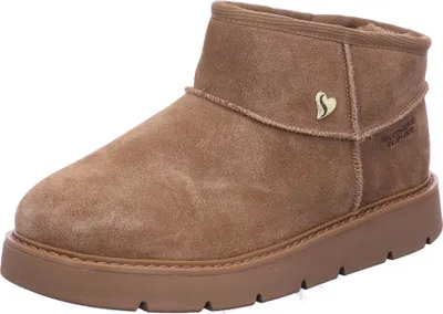 A single brown winter boot is shown against a white background.