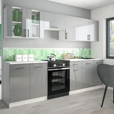 Produktbild von Roe Furniture Küchenzeile Leco 260 cm, Grau Hochglanz, mit weißen Arbeitsplatten