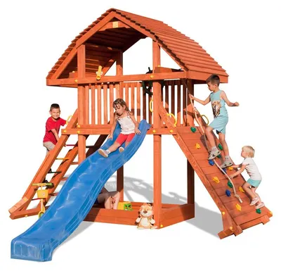 Immagine prodotto di Torre da gioco Fungoo / casetta da giardino GIANT, con scivolo di 2,9 m, tetto in legno inclinato, parete da arrampicata e sabbiera; 00925