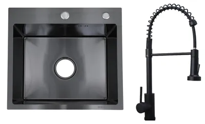 Produktbild von Faizee Home Edelstahlspüle Schwarz SUS304 mit Armatur Auswahl Elite 50x45x22 Spiral Armatur