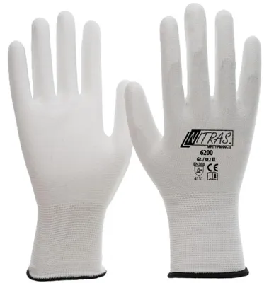 Obrázok produktu pre NITRAS 6200, jemná pletená rukavica z polyuretánu, veľkosť 6 - biela, nylon, povrchová úprava z polyuretánu, norma EN 3...
