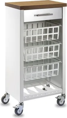 Image de DON HIERRO - Chariot de cuisine KARA blanc avec tiroir, 3 paniers et plan de travail imitation bois